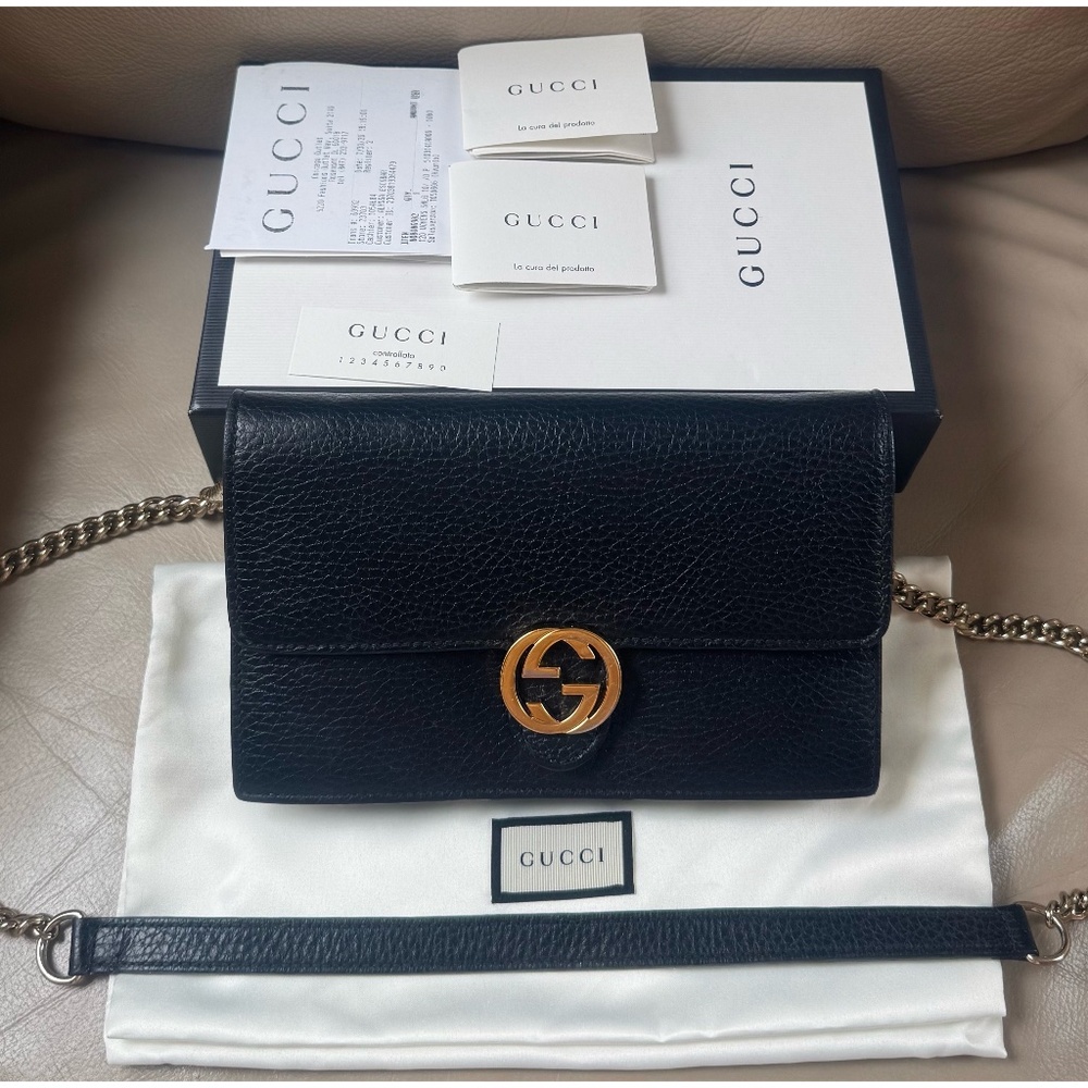 Authentic Gucci Dollar GG Interlocking Black Leather Chain Crossbody Clutch Bag
